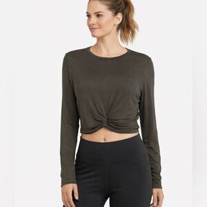 Faux wrap yoga long sleeve athleisure top- large- hunter green gray